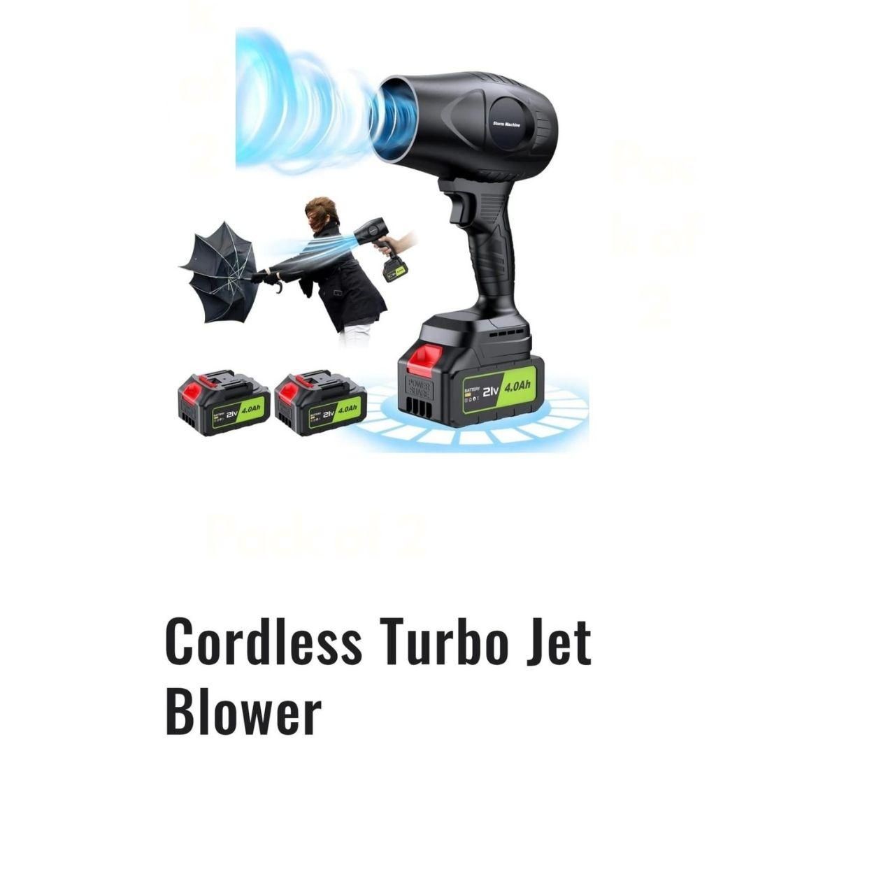 Cordless turbo jet blower with batteries on a white background