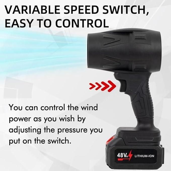 Black handheld device with variable speed switch and 48V lithium-ion battery, on a white background.