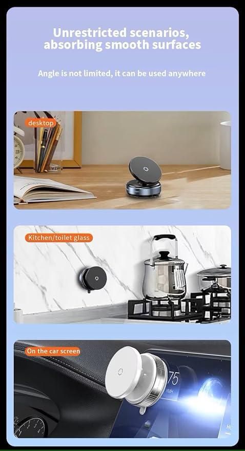 Product being used on a desk, kitchen surface, and car interior with text about its versatility.