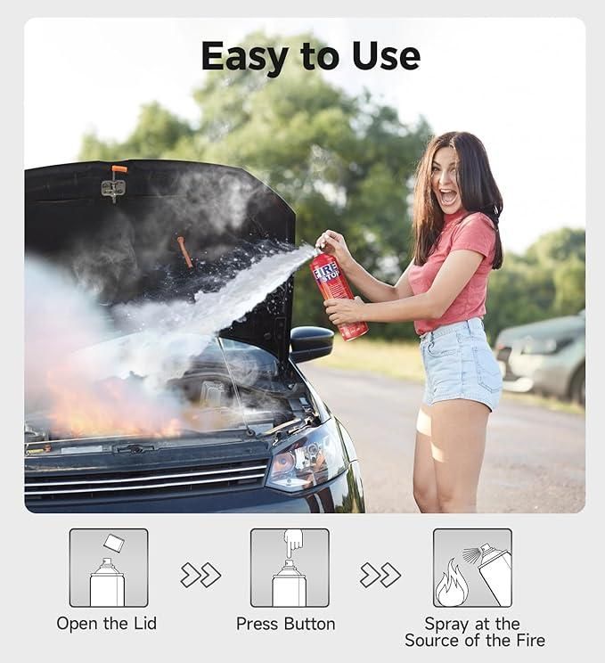 Person using a fire extinguisher on a car fire with text 'Easy to Use' and instructions below.