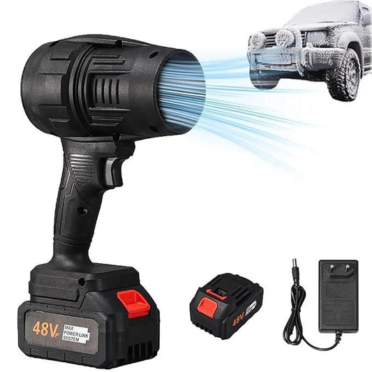 Black cordless car washer with battery and charger on a white background