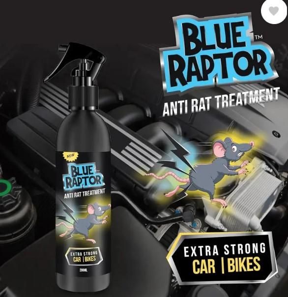 Blue Raptor anti rat treatment bottle with engine compartment graphic
