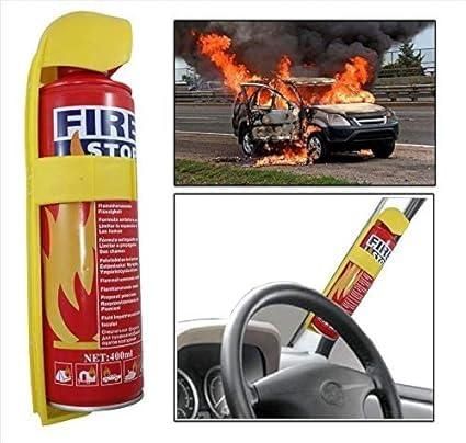Fire extinguisher canister with text and images of a car fire and a close-up of the canister.