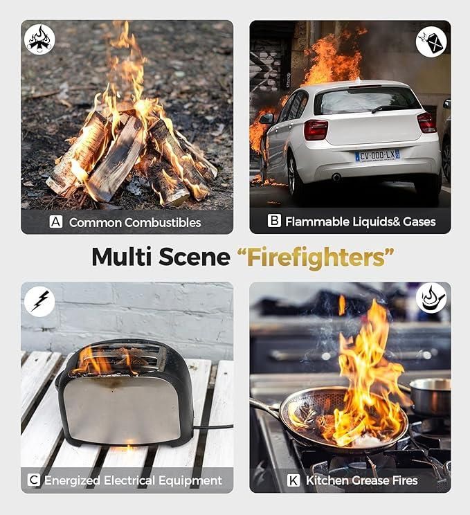 Collage of images showing different flammable scenarios with text labels.